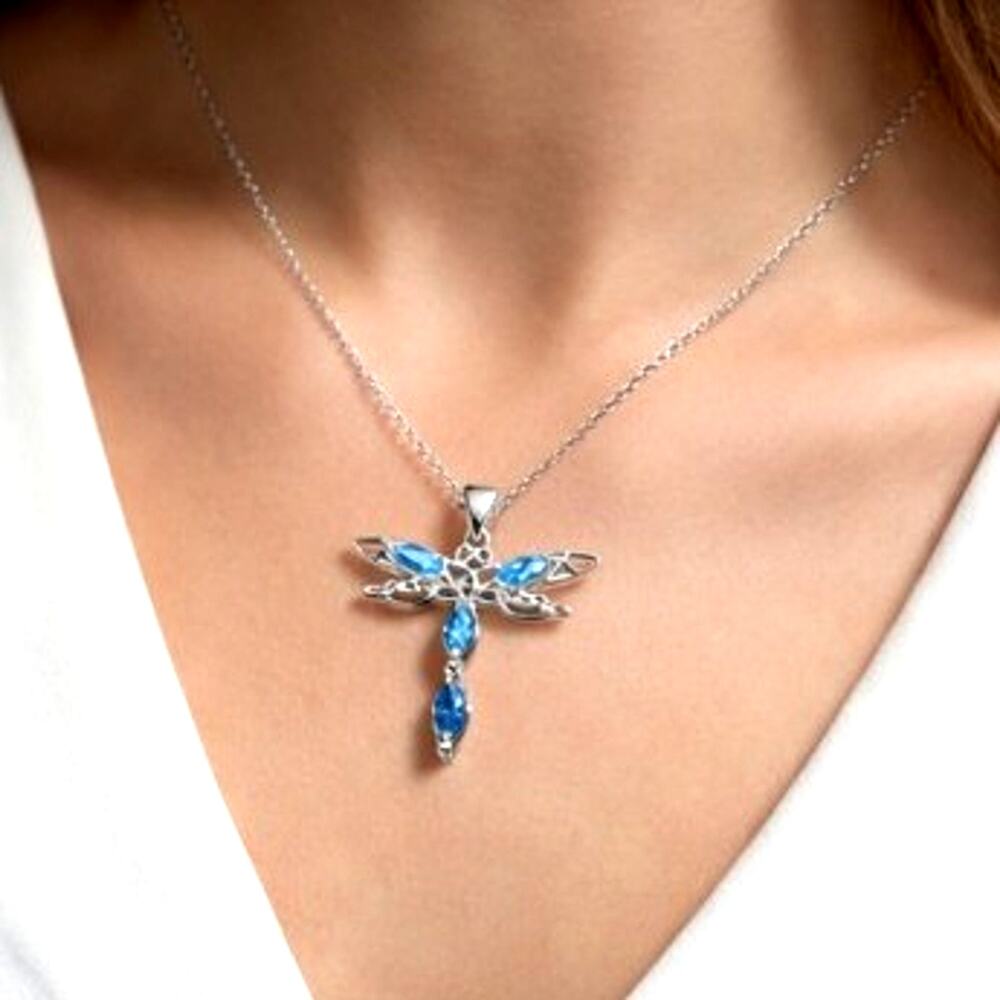 925 Sterling Silver Necklace w/ Dragonfly CZ Blue Aquamarine Women's Boho Gift